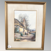 Tom Clough : Figure by a thatched cottage, watercolour, 24 cm x 34 cm.