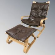 A Danish K C Mobler bentwood lounge armchair with brown buttoned leather cushion and matching