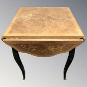 A French kingwood veneered square drop leaf occasional table, unextended 54 cm wide.