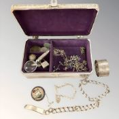 A George III enamelled crown 1819, several other coins, silver napkin ring,