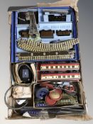 A quantity of tin plate OO gauge rolling stock including a Hornby Dublo electric train set in box,