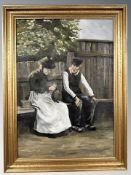Danish School : Figures seated in a garden, oil on canvas, 30 cm x 42 cm.