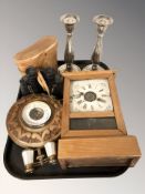 A pine mantel clock, carved wooden barometer, pair of Kalimar 8x30 binoculars,