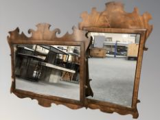 Two mahogany Chippendale style mirrors, measuring 68 cm x 60 cm, and 72 cm x 40 cm.