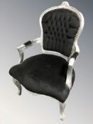 A reproduction French style silvered open salon armchair, width 63 cm.