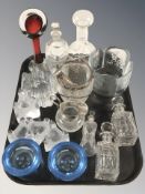 A group of Scandinavian glass tea light holders, dressing table bottles, Swedish Aseda vase, etc.