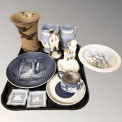 Two Jasperware jugs and two further pin dishes, Scandinavian flared rim vase stamped 'Hjorth',