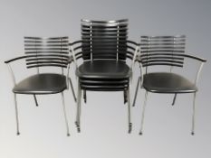 A set of six Naver Collection stained ash and metal armchairs with black leather seats.