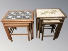 A nest of three teak tile inset tables, width 54 cm, plus another similar.