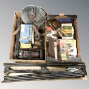 A group of vintage tools, blow lamp, hand drill, industrial enamelled light, wood working chisels,