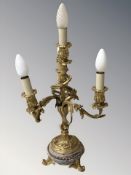 A gilt metal four sconce table lamp, height 57 cm.
