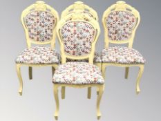 A set of four contemporary French style painted dining chairs in chrome studded multi-coloured