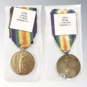 Two WWI Victory Medals; 18272 Pte J Atkinson Durham Light Infantry, and 43784 A.