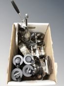 Stainless steel kitchen wares : teak handled serving trays, mould, fruit press,