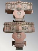 A pair of Victorian painted metal drain hoppers, dated 1893, each 60 cm wide overall.