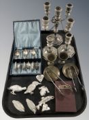 A pair of candlesticks and similar candelabrum, cased set of EPNS teaspoons, brass wares,