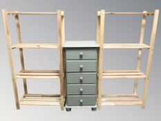 A painted pine five drawer chest, width 44 cm, and a pair of pine open shelves,