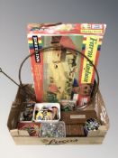 Assorted glass marbles, vintage painted die cast farm animals, badges, playing cards,