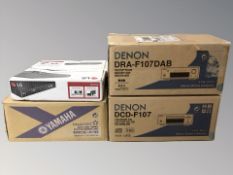 A Yamaha natural sound stereo tuner TX-492RDS, two boxed Denon receivers,