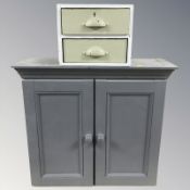 A painted pine double door wall cabinet, width 72 cm, and a small painted two drawer chest.