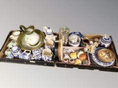 Assorted blue and white ceramics including Ringtons, a small still life oil painting,