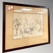 L Jacobson : Horses pulling a cart, pen and ink study, 32 cm x 23 cm.