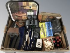 A group of cameras, binoculars, torch, chess set, precision drawing set, metronome, etc.