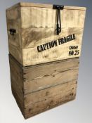 A pine crate and a further hardwood crate with stenciled decoration, width 47 cm.