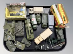 A group of die cast military vehicles including Dinky tanks, Corgi 906 Saladin armored car with box,