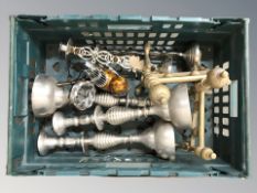 Metal wares including a pair of brass fire dogs,