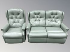A La-z-boy green leather two seater settee, length 140 cm, and matching manual reclining armchair.