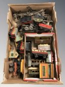 Assorted 20th century tin plate locomotives, rolling stock, track, railway buildings.