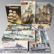 A group of naval scale modelling kits including Airfix, Matchbox, Fujimi, etc.
