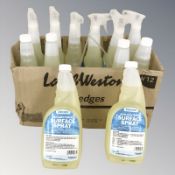 Twelve bottles of multi surface antibacterial spray.