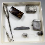 A silver vesta, similar folding knife, two thimbles, a plated snuff box,