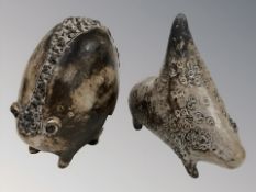 Two studio pottery mythical beasts signed HT,