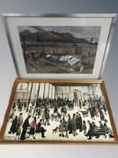 Richard Flynn : A lady hanging washing in a yard opposite a terrace of houses, pastel,