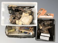 Assorted hand tools, carpenter's belt, a Paslode nail gun, etc.