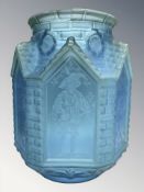 An early 20th century hexagonal blue glass oil lamp shade,