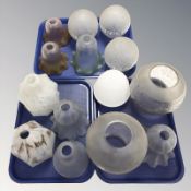 A collection of early 20th century light shades including coloured, etched and mottled examples.
