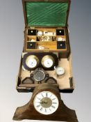 A sewing box and contents, time piece and barometer mounted on board,