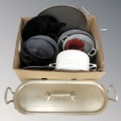 A group of enameled metal kitchen pans, fish kettle, etc.