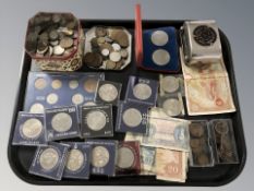 A collection of crowns, pre decimal coins, money box,