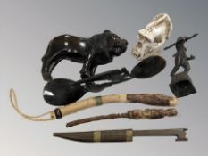 A group of miscellaneous ethnic items including buffalo horn spoons,