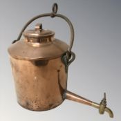 A 19th century copper vessel with brass tap and swing handle, overall 49 cm high.