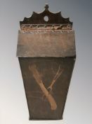 A George III oak candle box, height 42 cm. CONDITION REPORT: Lid loose.