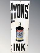 A 20th century Lyons ink enamelled metal sign 91 cm x 31 cm