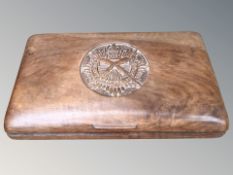 A teak cigar box with Gurkha Transport Regiment badge,