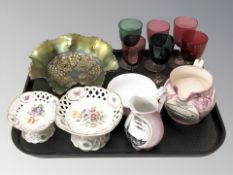 A Sunderland lustre jug, two Lippelsdorf porcelain dishes, a carnival glass dish,