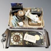 A group of miscellaneous ceramics, figurines, oak biscuit barrel, barometer, glass wares,